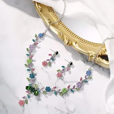 ست جواهرات 925 کریستال گل گل خوشه برگ ست آویز و گوشواره عروسی زنانه