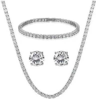 ست جواهرات بدلیجات الماس گردنبند تنیس گوشواره آویز نقره 925 ست جواهرات