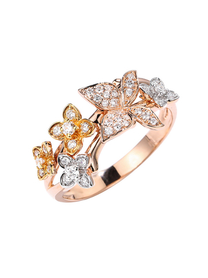 حلقه ازدواج رزگلد 18 عیار پروانه الماس 0.24 عیار در مقابل شفافیت