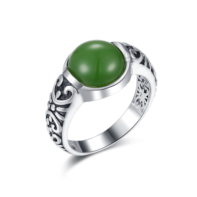 حلقه‌های نقره‌ای 925 حکاکی‌شده با سنگ‌های قیمتی 10x10 میلی‌متری حلقه‌ی گرد سبز تیره یشمی