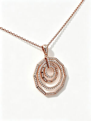 طلایی رز 925 نقره CZ Pendant هندسی لایه دار هشتگونی Pave RG 1.5mm Rolo زنجیر جواهرات کارخانه سفید AAA Pave CZ سنگ 25mm قطر اندازه 6.40g وزن کل گردنبند 4 دایره لایه دار